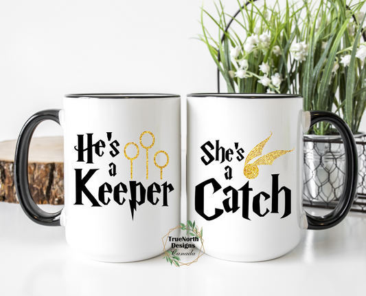 He's A Keeper, She's A Catch Couples Mugs