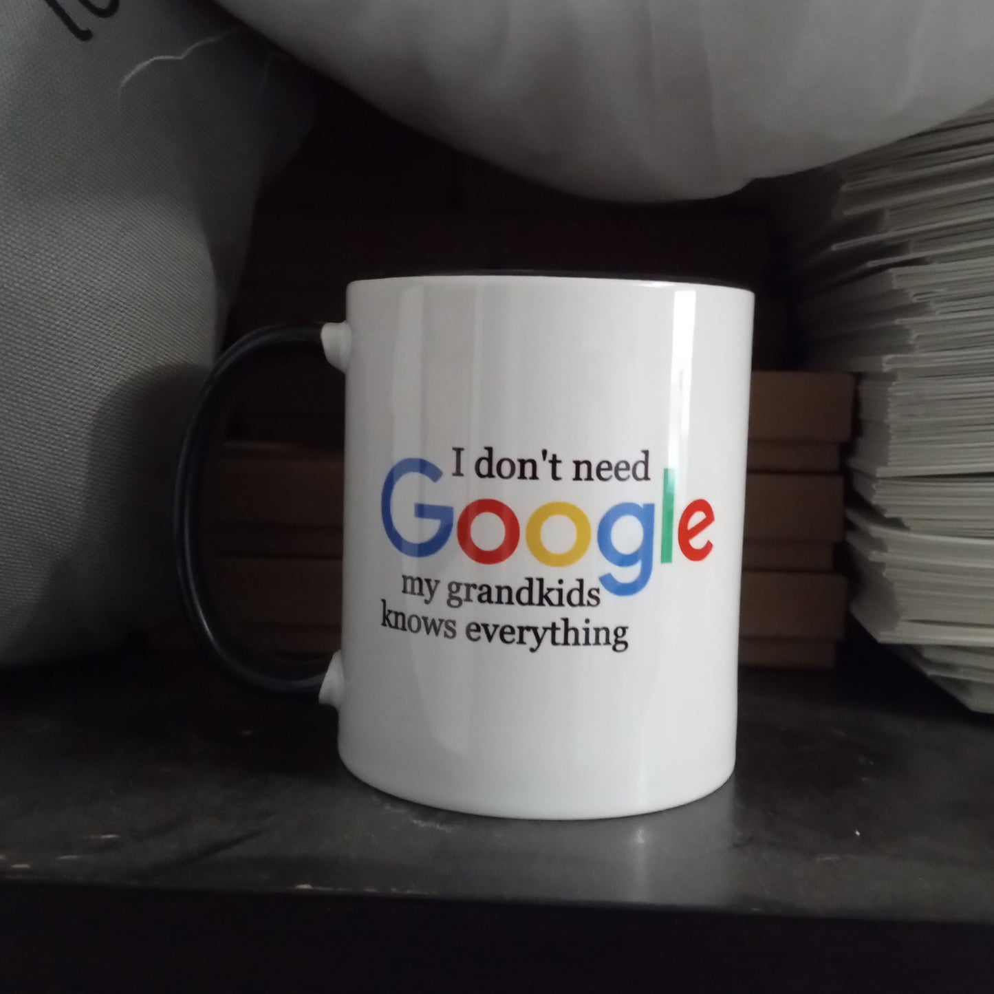 I Don't Know Google my grandkids knows everything (11oz black inner/handle mug w/grammatical error)