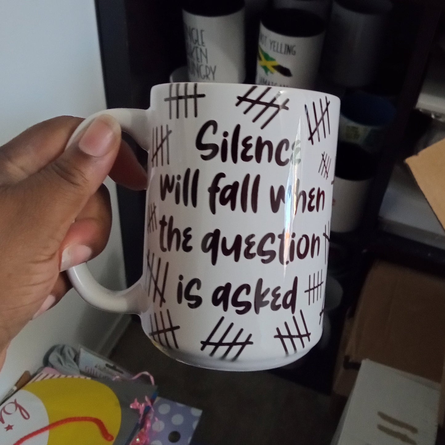 Silence Will Fall When The Question Is Asked Mug (15oz white mug, display model)