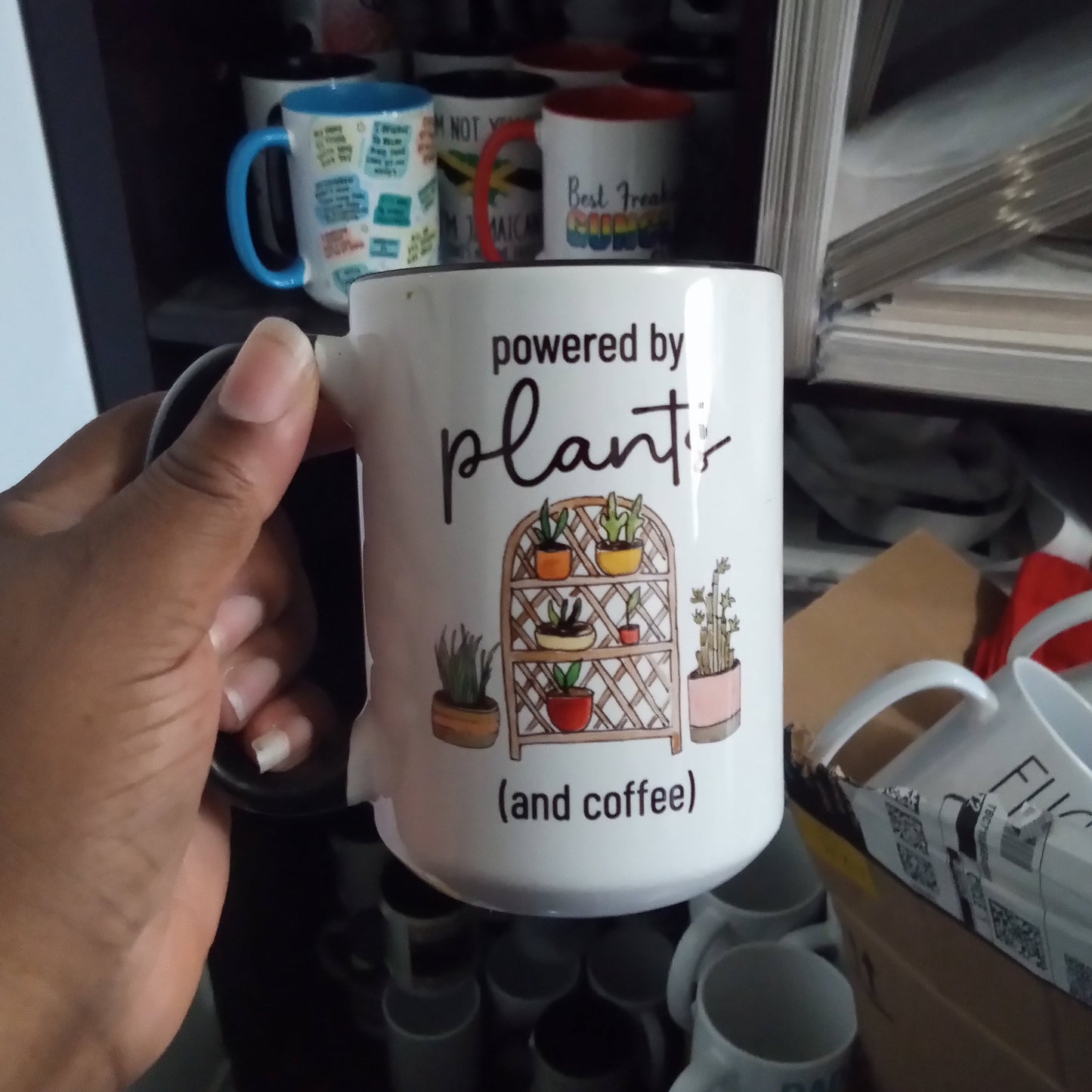 Powered by plants and coffee mug (15oz black inner/handle mug w/imperfections)