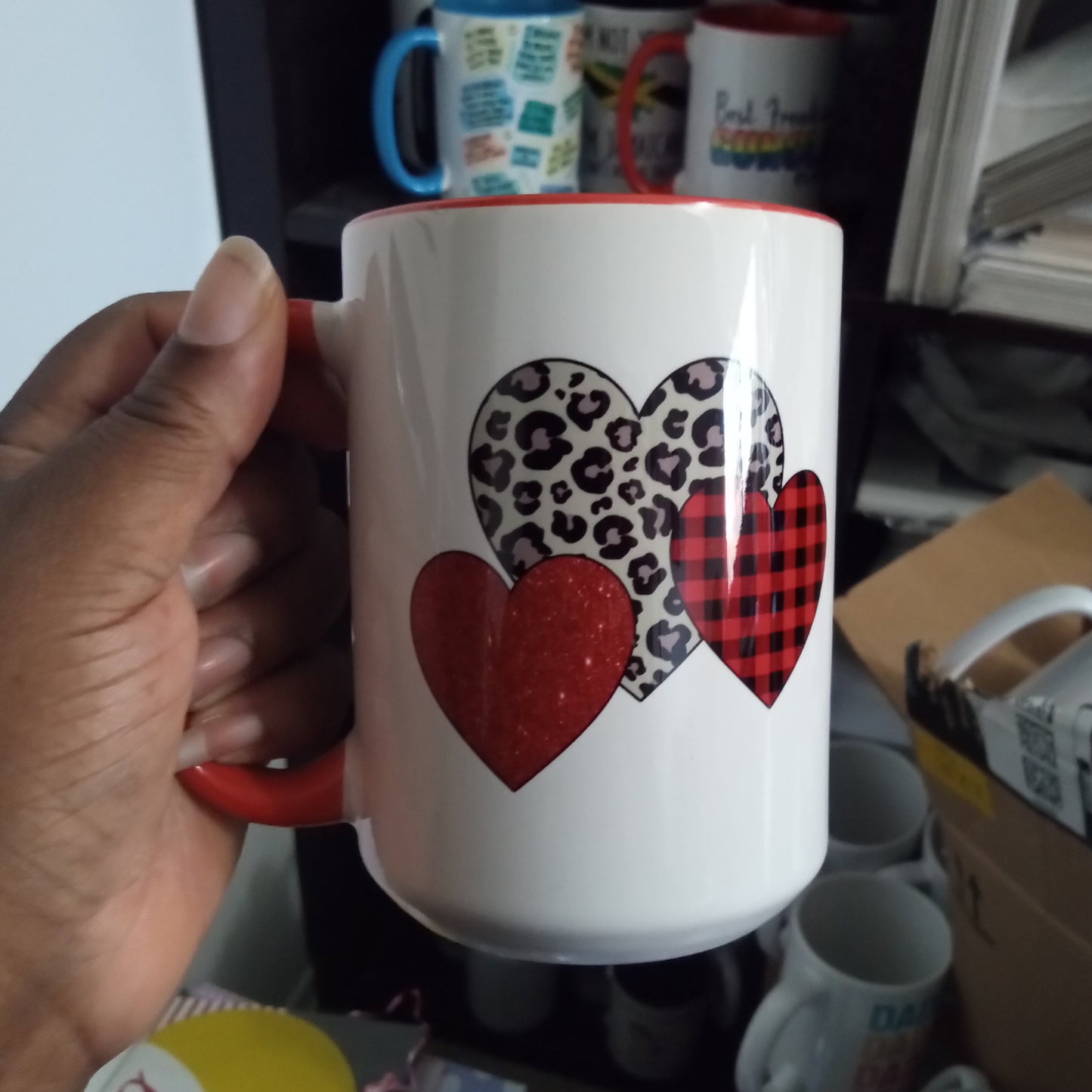 Plaid and Leopard Hearts Mug (15oz red inner/handle mug, display model)