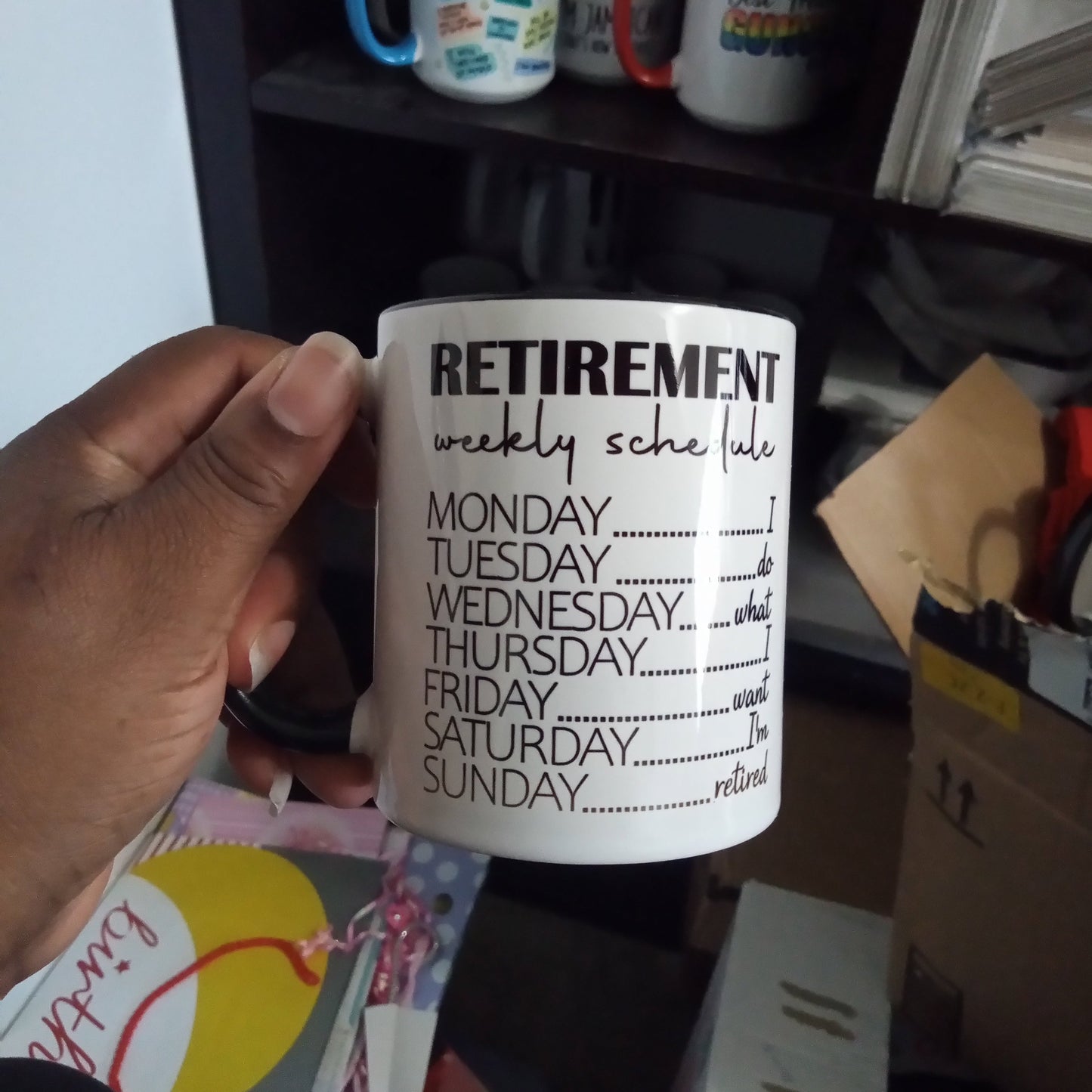 Retirement, I Do What I Want (11oz black inner/handle mug w/imperfections)