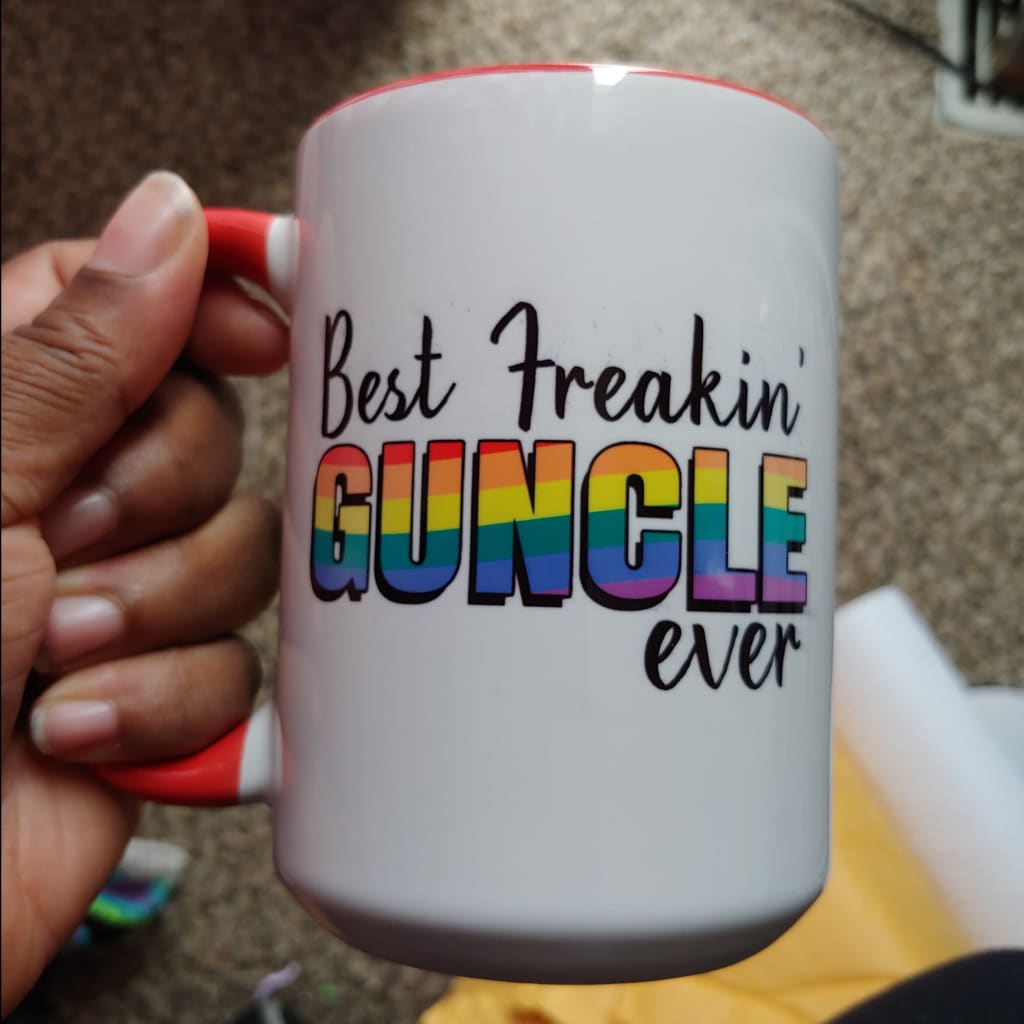 Best Freakin' Guncle Ever (15oz red inner/handle mug w/spots on the design) TNDCanada